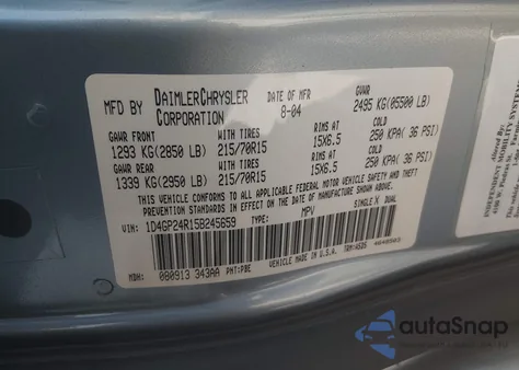 2005 Dodge Grand Caravan Se from USA, damaged, VIN 1D4GP24R15B245659